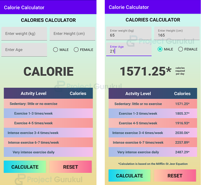 calorie calculator app project output