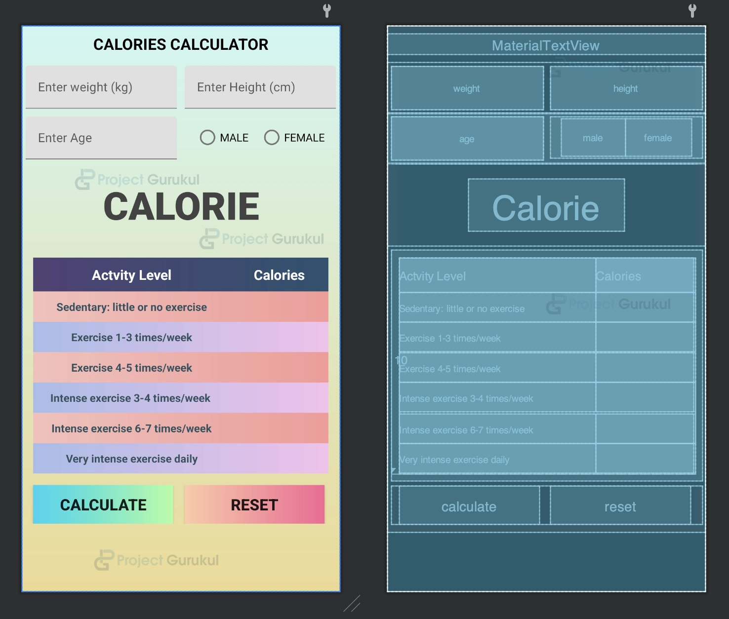 project calorie calculator output